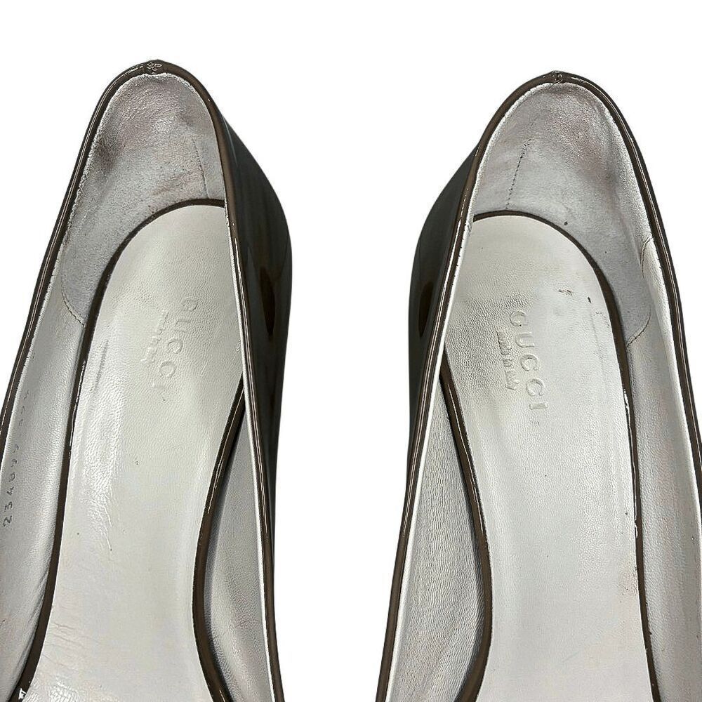 Gucci Acquarel Patent Leather Pumps Gravel Peep Toe Heels GG Logo EU 39.5 - Picture 5 of 12